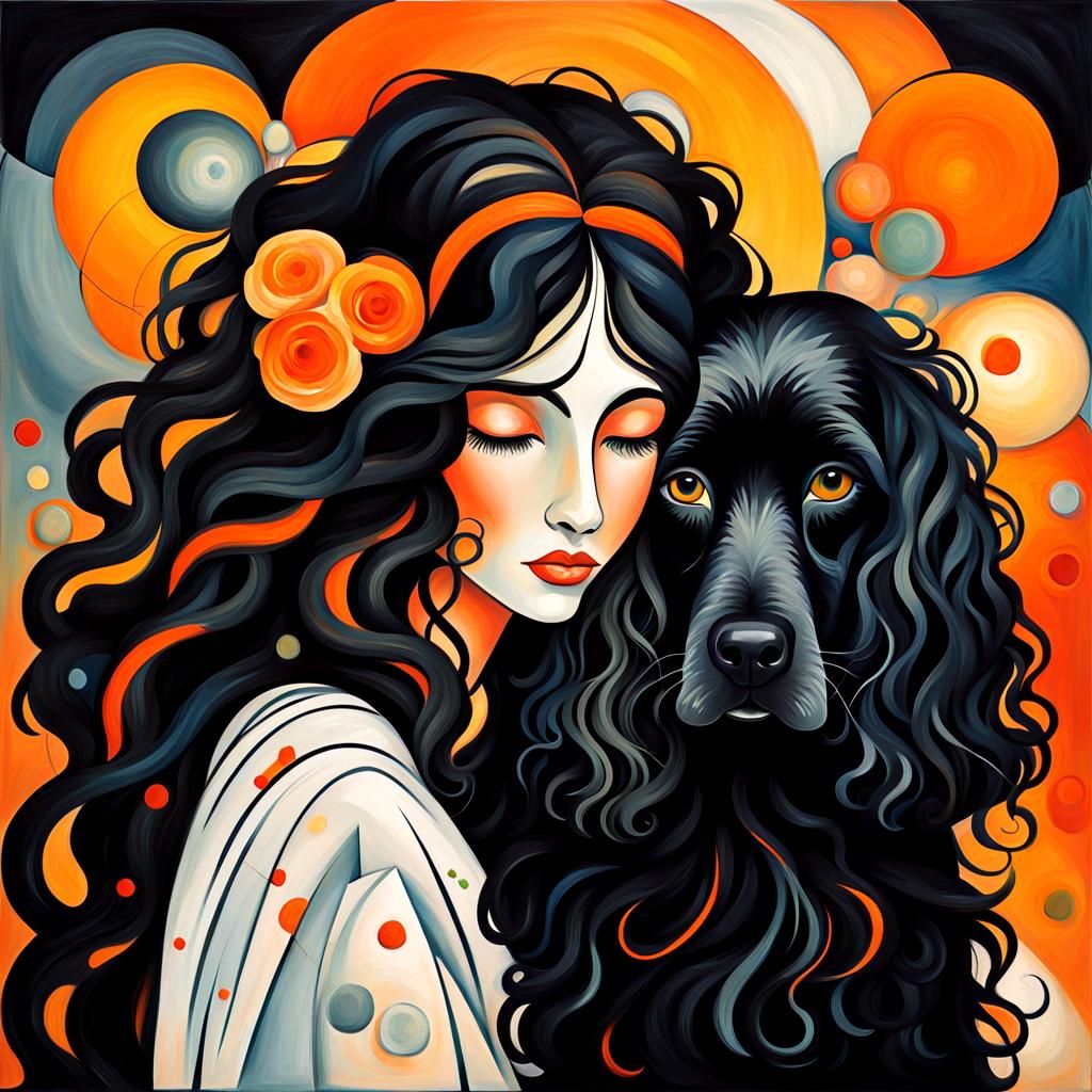 Faceless Woman and Cocker Spaniel in Kandinsky Style