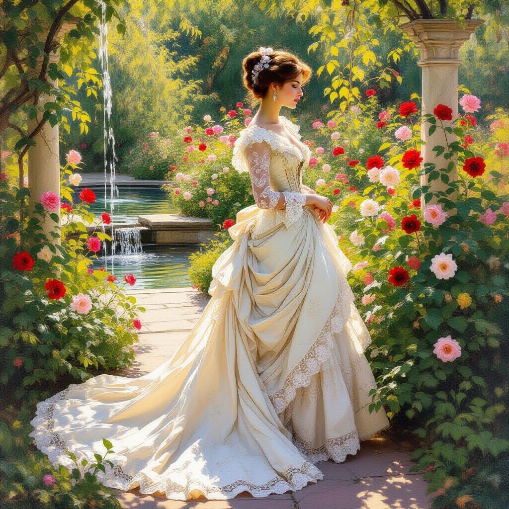 Victorian Woman in Rose Garden: An Impressionistic Oil Paint...