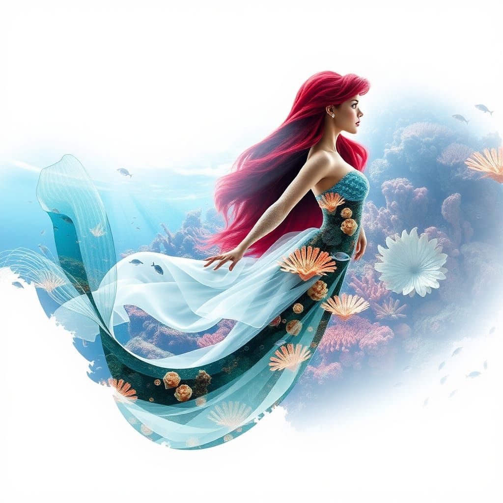Ariel Double Exposure: Mermaid in Underwater Coral Reef