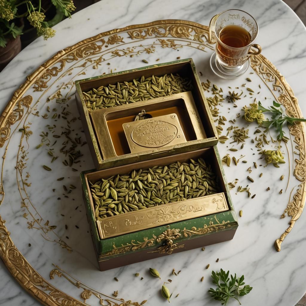 Tea Seeds Spill from Ornate Box, Detailed Matte Painting