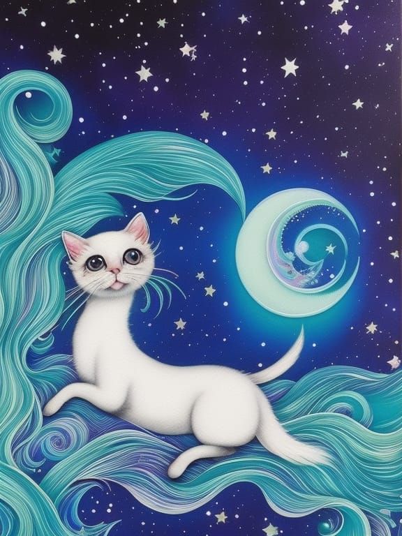 Cute Kitten in Graffiti Art Style Under Moon