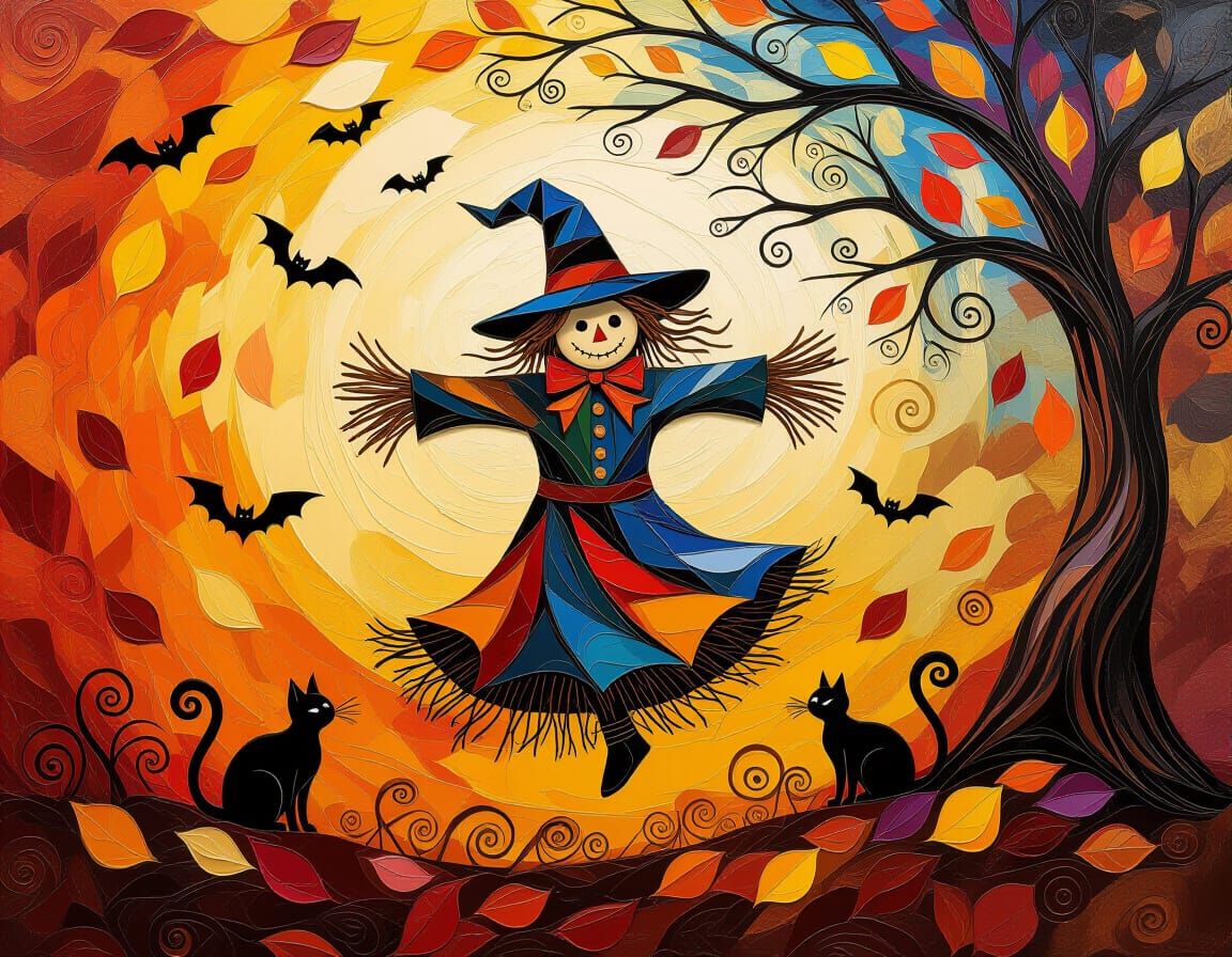 Surreal Impasto Scarecrow Flying in Autumn Tempest