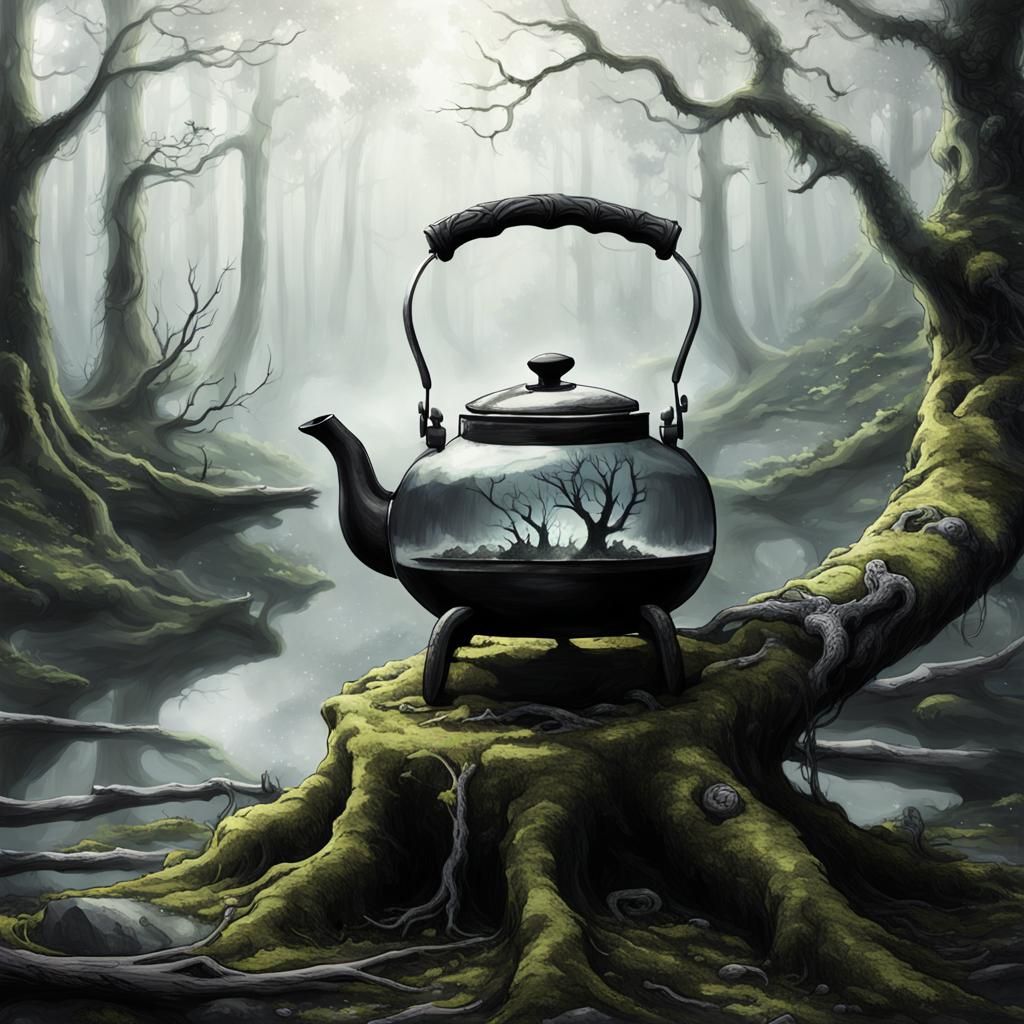 Gothic Tea Kettle in Misty Forest, Pencil Illustration