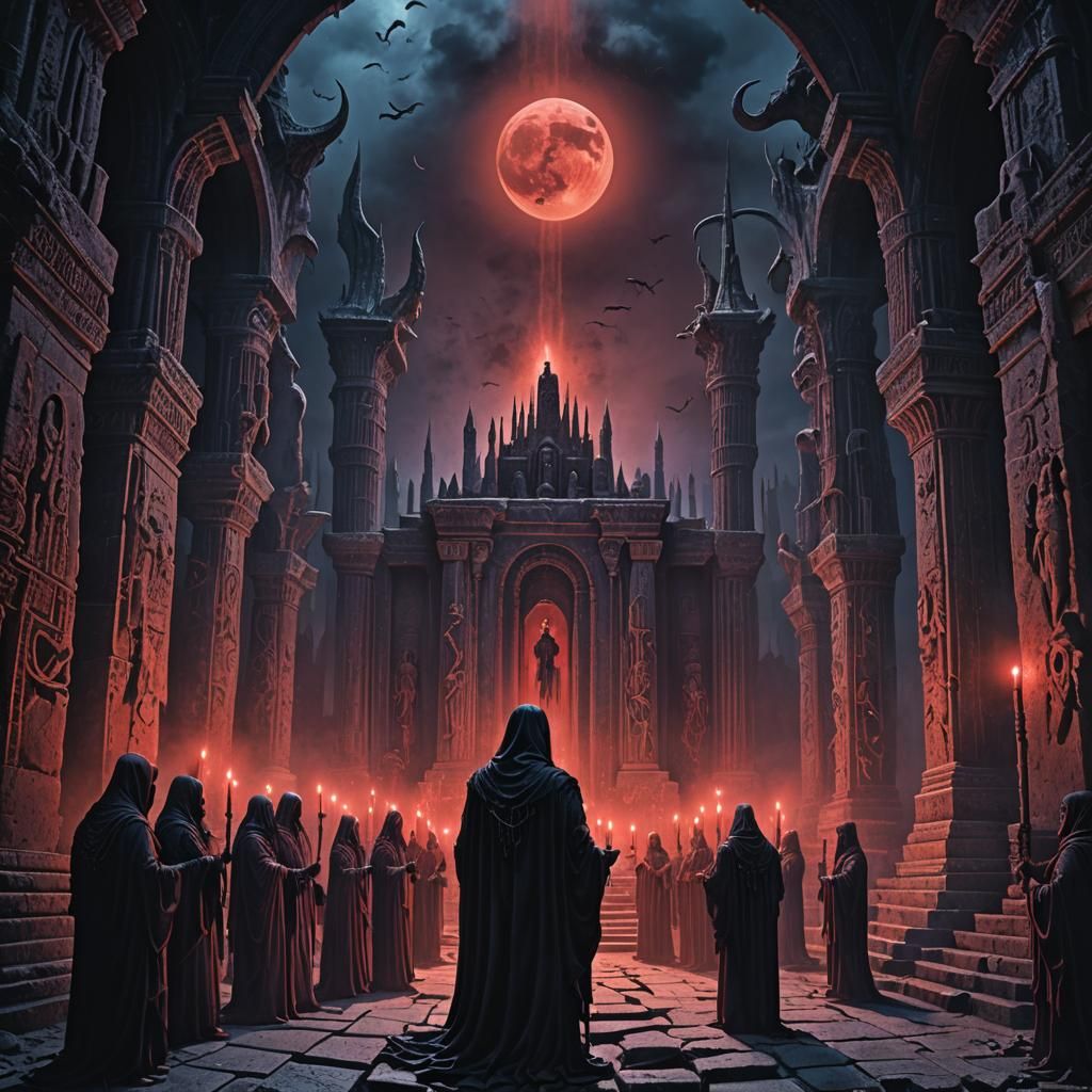 Satanic Ritual in Ancient Temple: Dark Fantasy Art