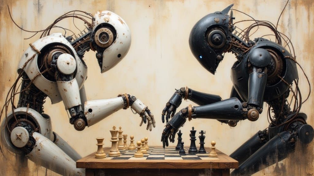 Mechanical Wooden Robots Play Chess as Impasto Oil Painting