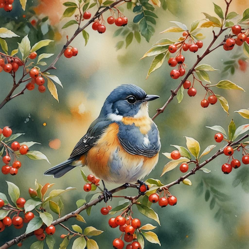 Songbird in Autumn Garden: Watercolour Impression