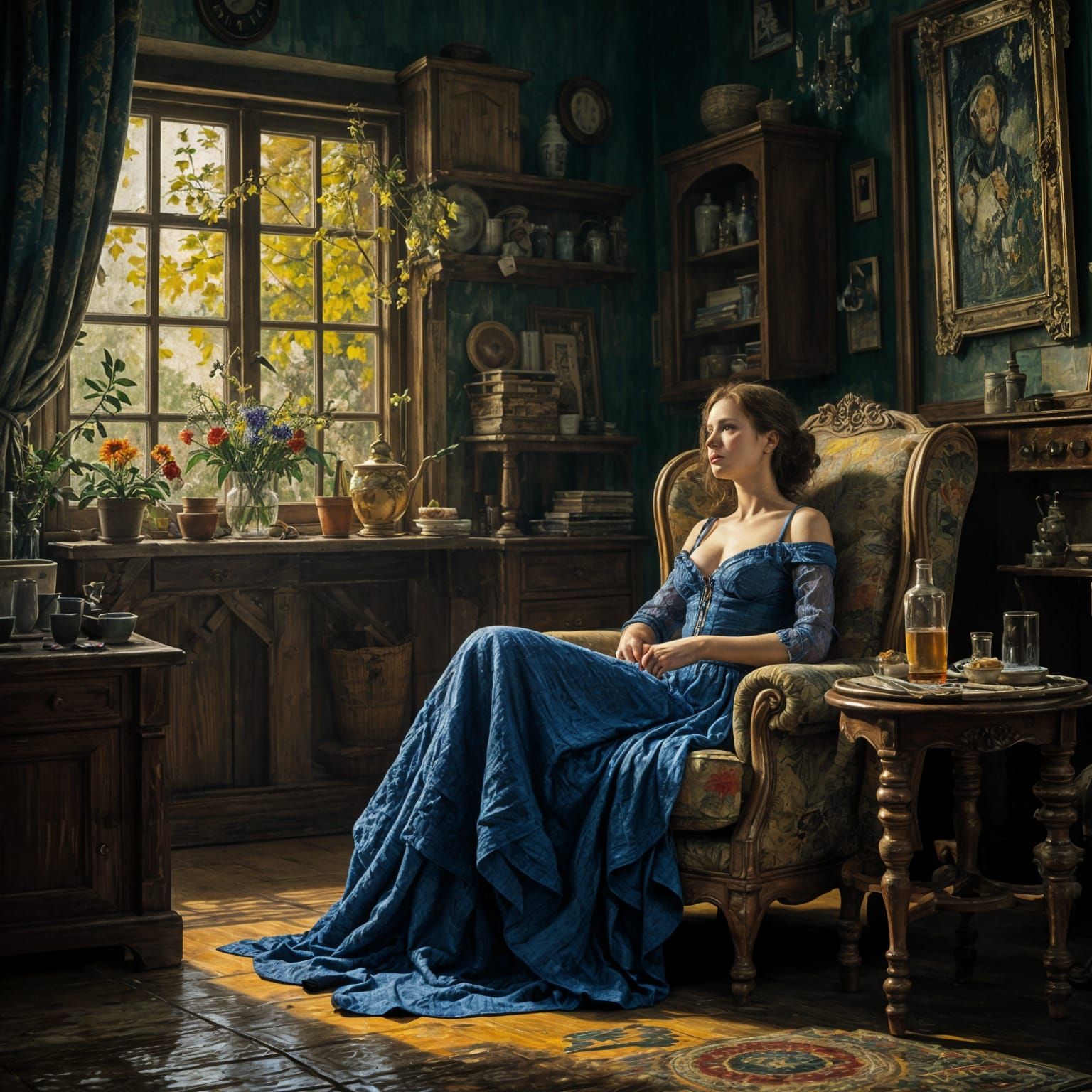 Woman in House: Post-Impressionist Oil Painting