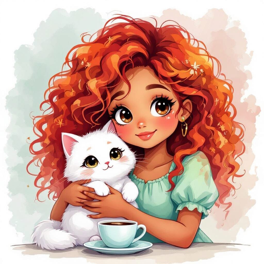 Girl with Red Hair and Cat, Anime Watercolor