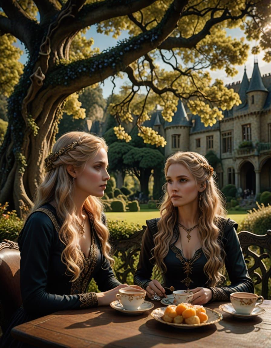 Two Women Chatting at Tea Under a Hawthorne Tree