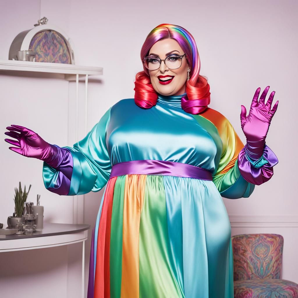 Sensual Big Beautiful Woman BBW Lady Wearing Big Frame Glasses. Long Sleeve Rainbow satin modest...