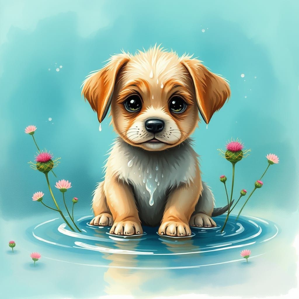 Dreamlike Watercolor Puppy in Pond