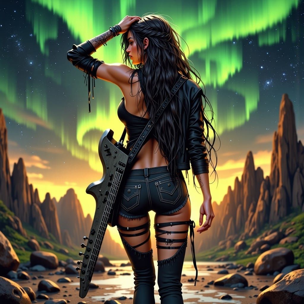 Woman with Guitar in Ethereal Landscape