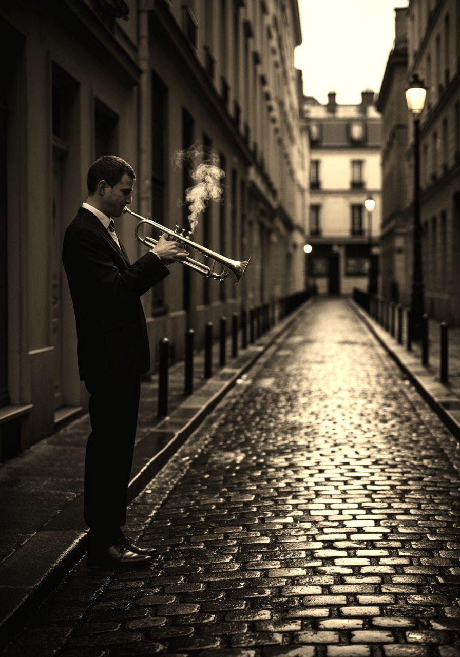 Jazz Trumpeter on Parisian Street at Dusk in Sepia Tone