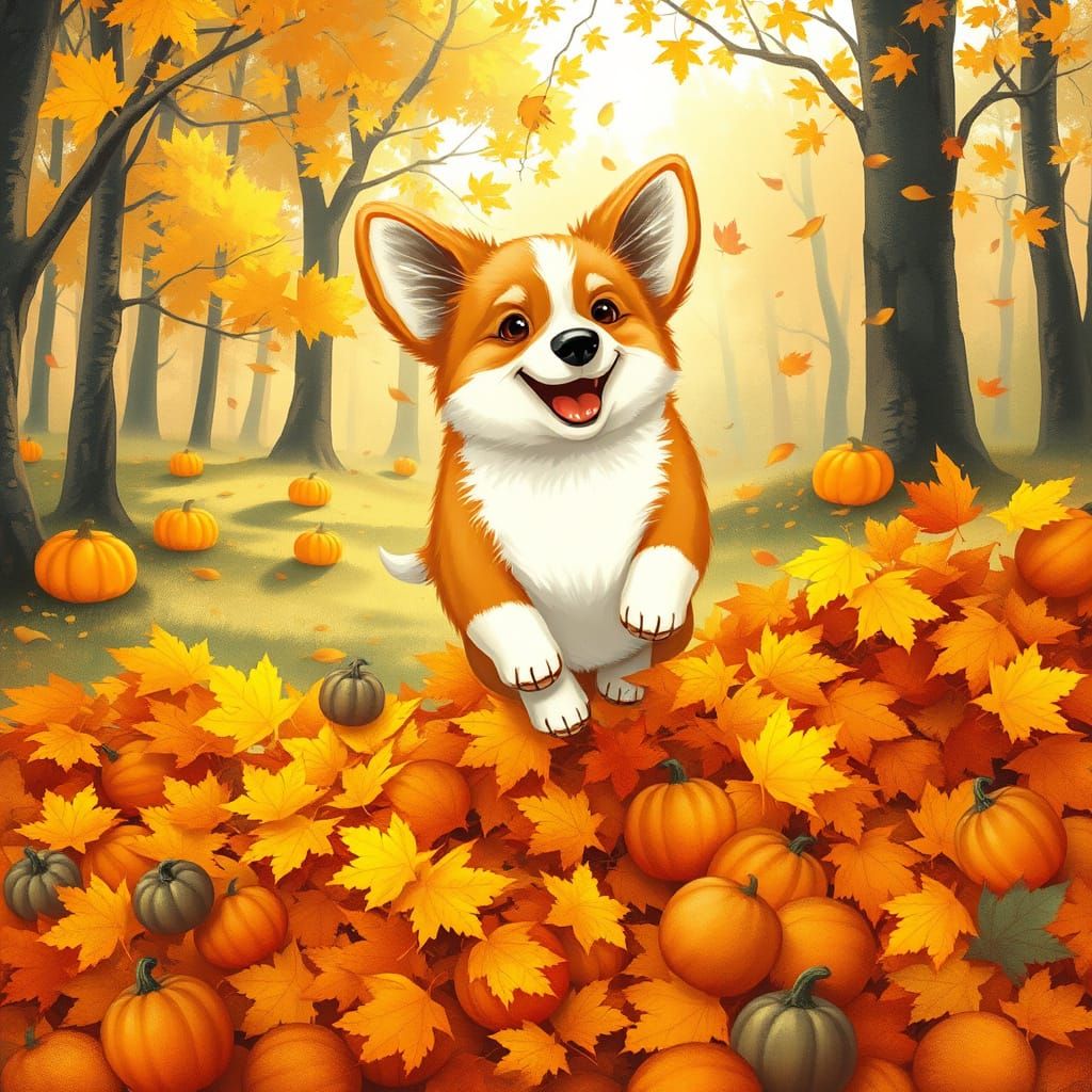 Joyful Corgi Puppy Leaping into Autumn Leaves