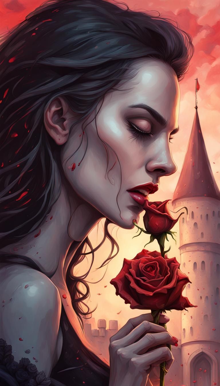 Hyperrealistic Lady Vampire with Rose and Castle