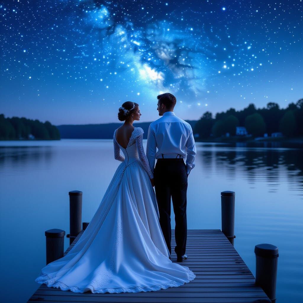 Victorian Couple on Lake Dock Under Glittering Stars