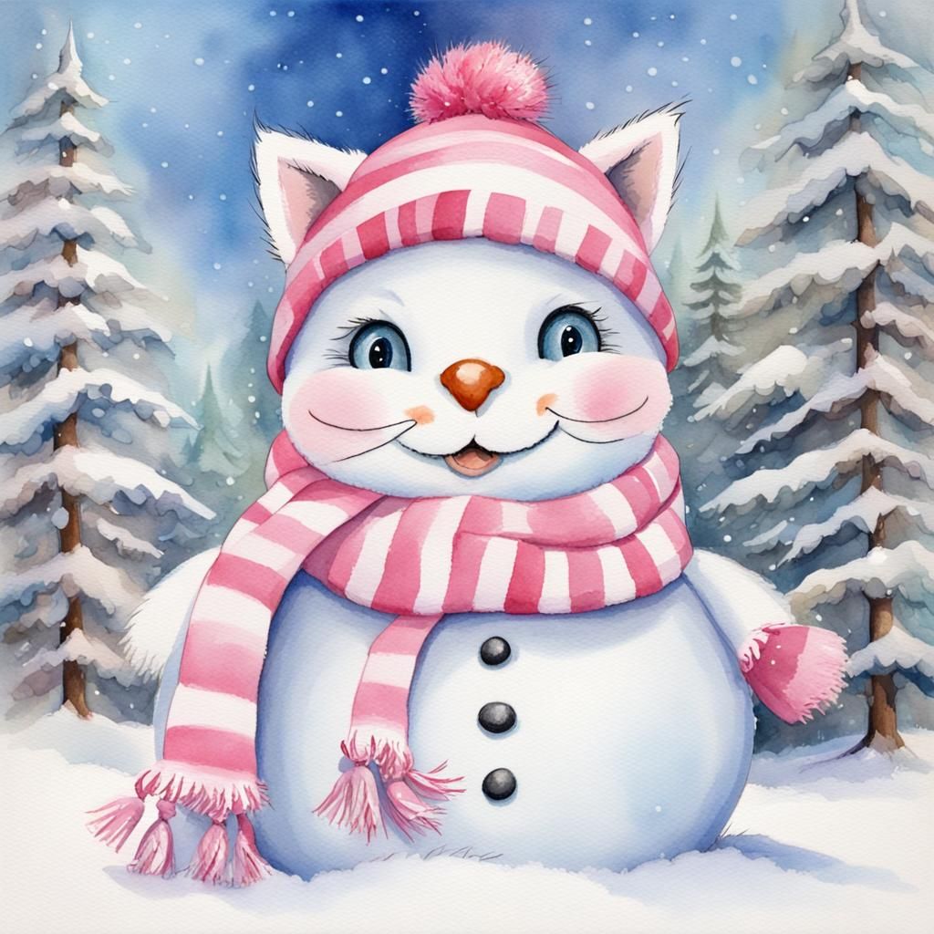 Happy Snowman with Kitten in Winter Scene