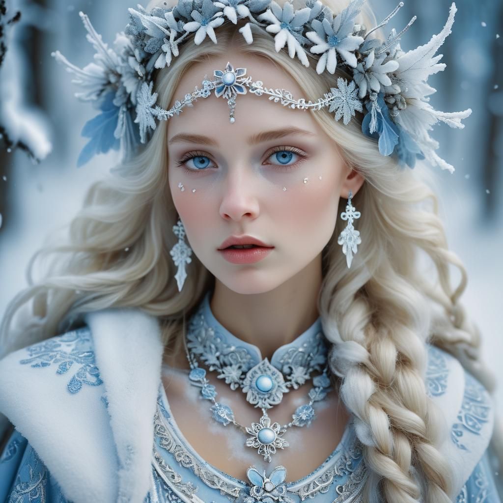 Angelic Blonde in Winter Forest, Klimt-Inspired