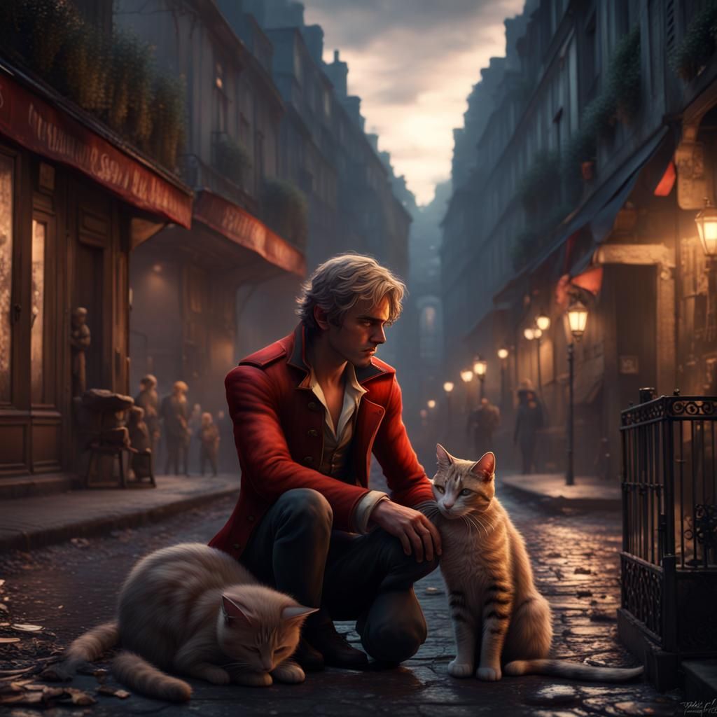 Enjolras Cuddling a Cat in Paris at Night