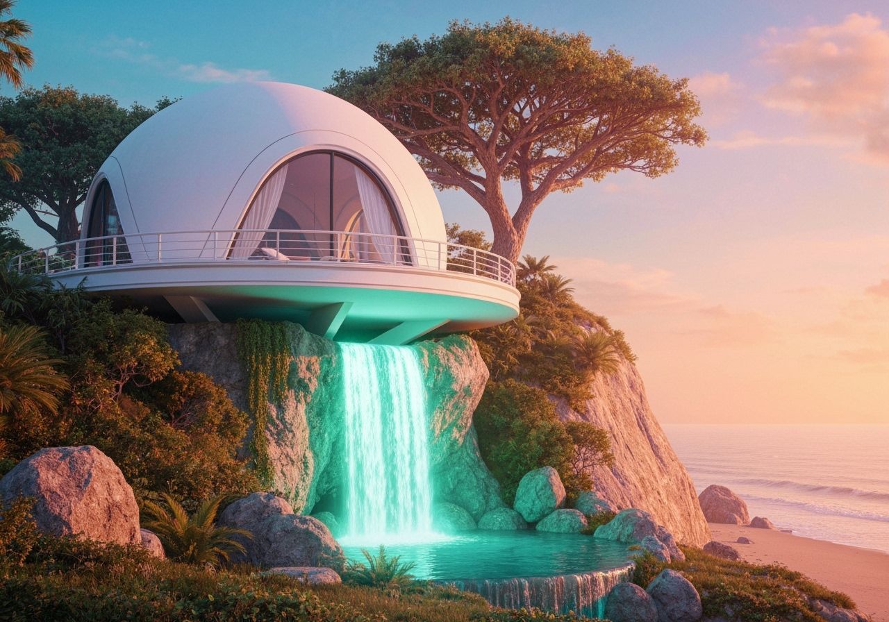 Futuristic Dome House with Teal Waterfall Feature