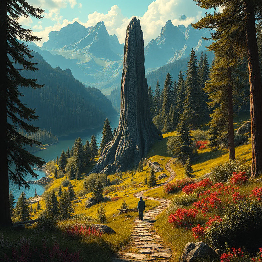 Majestic Clepsydra in Lush, Surreal Landscape