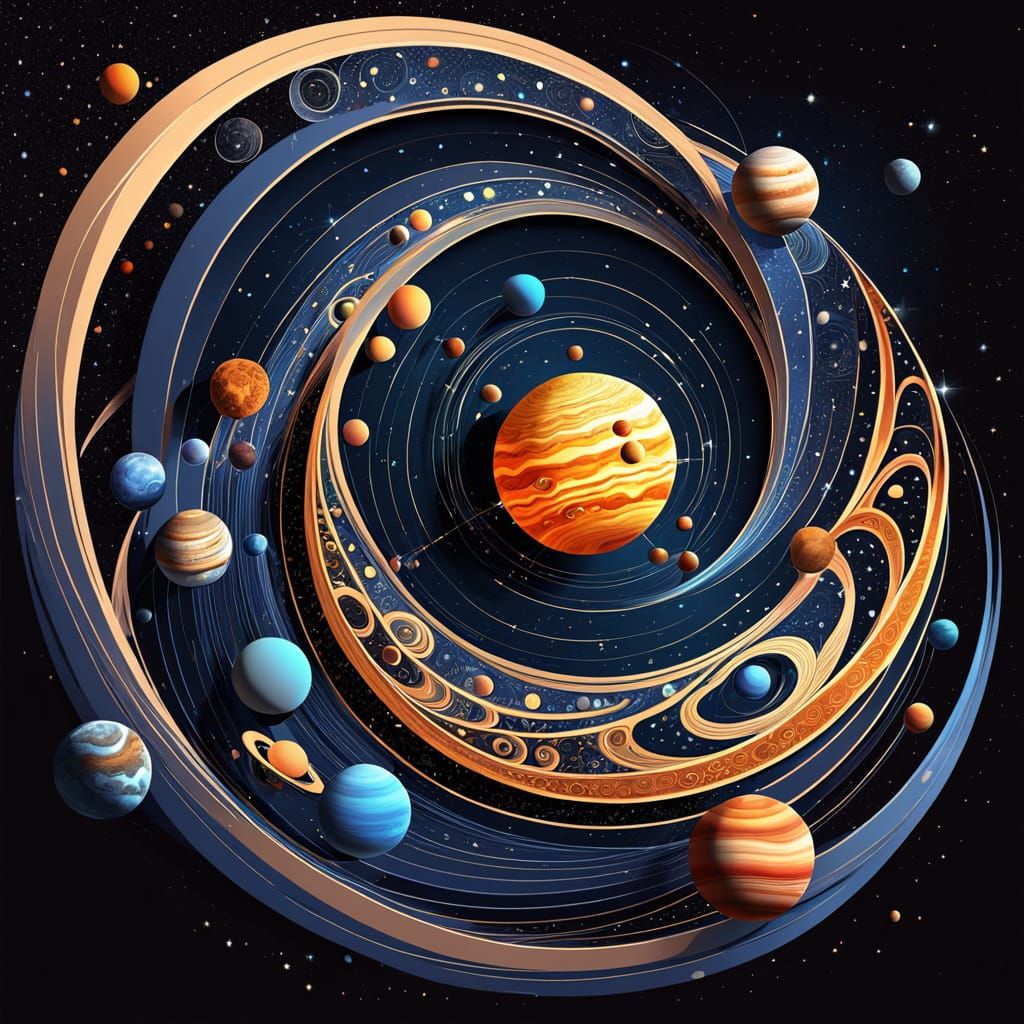 Cosmic Celestial Bodies Orbit the Sun in Abstract Vector Fra...