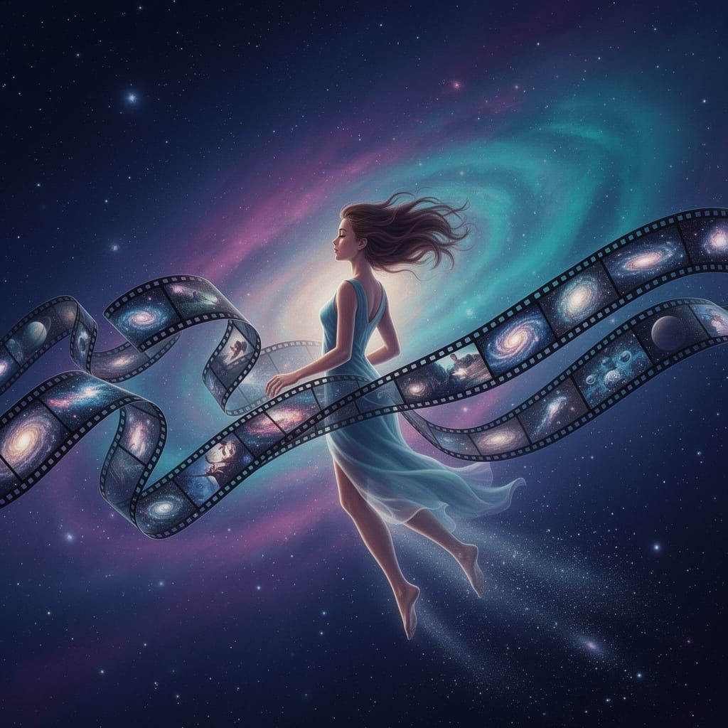 Woman Drifting Through Cosmic Film Strip