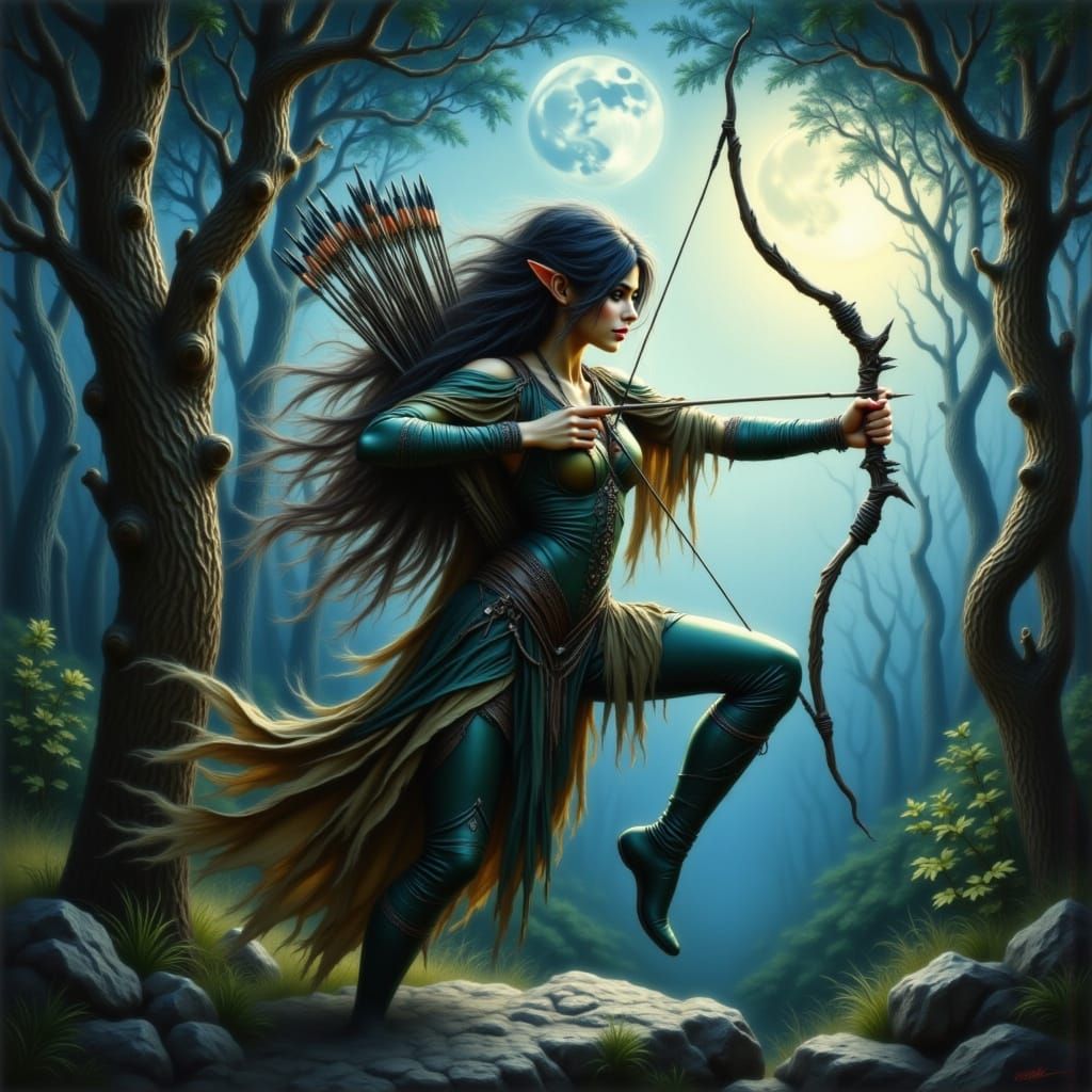 Elven Archer in Moonlit Forest as Oil Painting