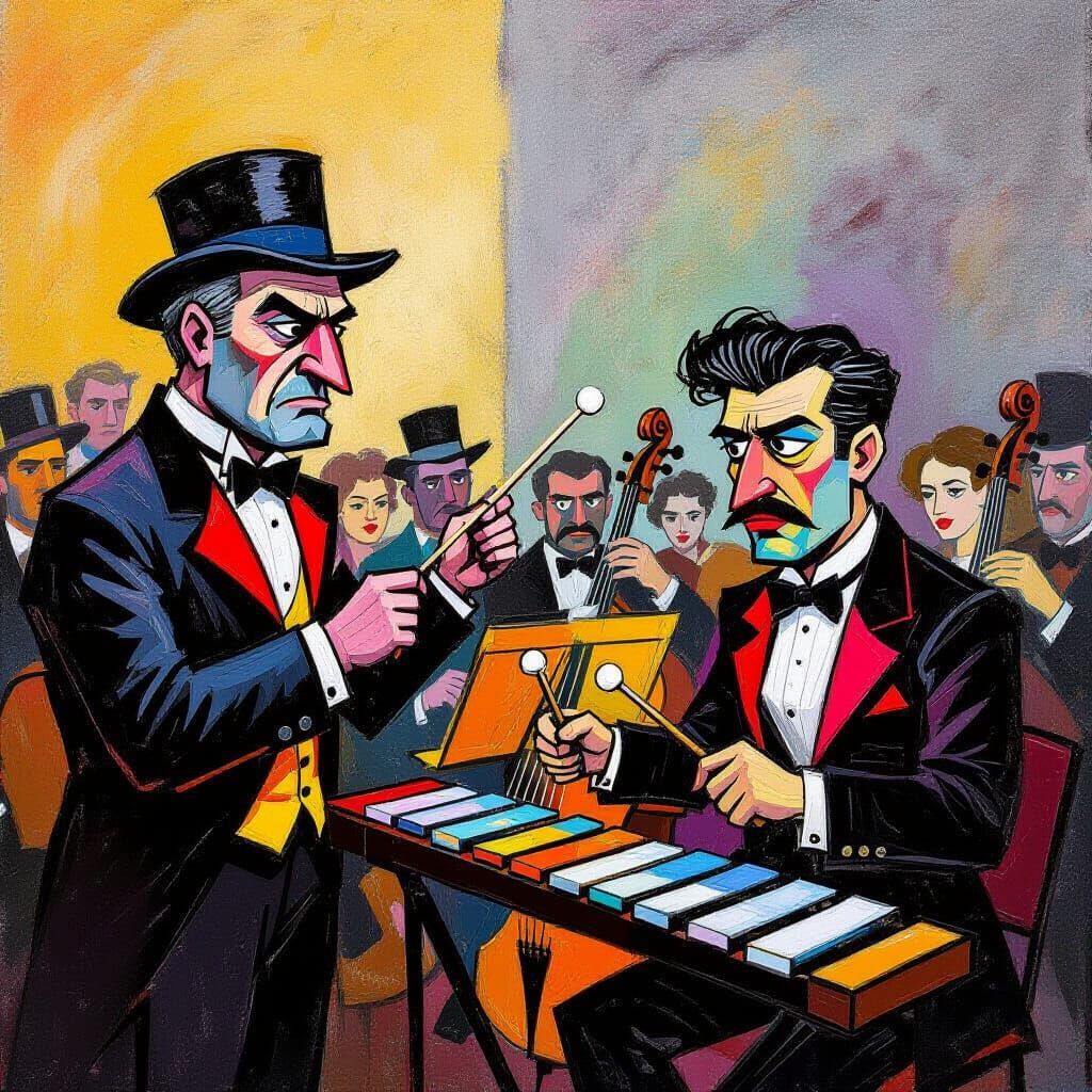 Comedic Orchestra About to Explode, Gouache Style