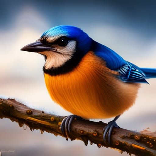 Golden Bunting and Blue Jay Close-Up, Detailed Matte Paintin...