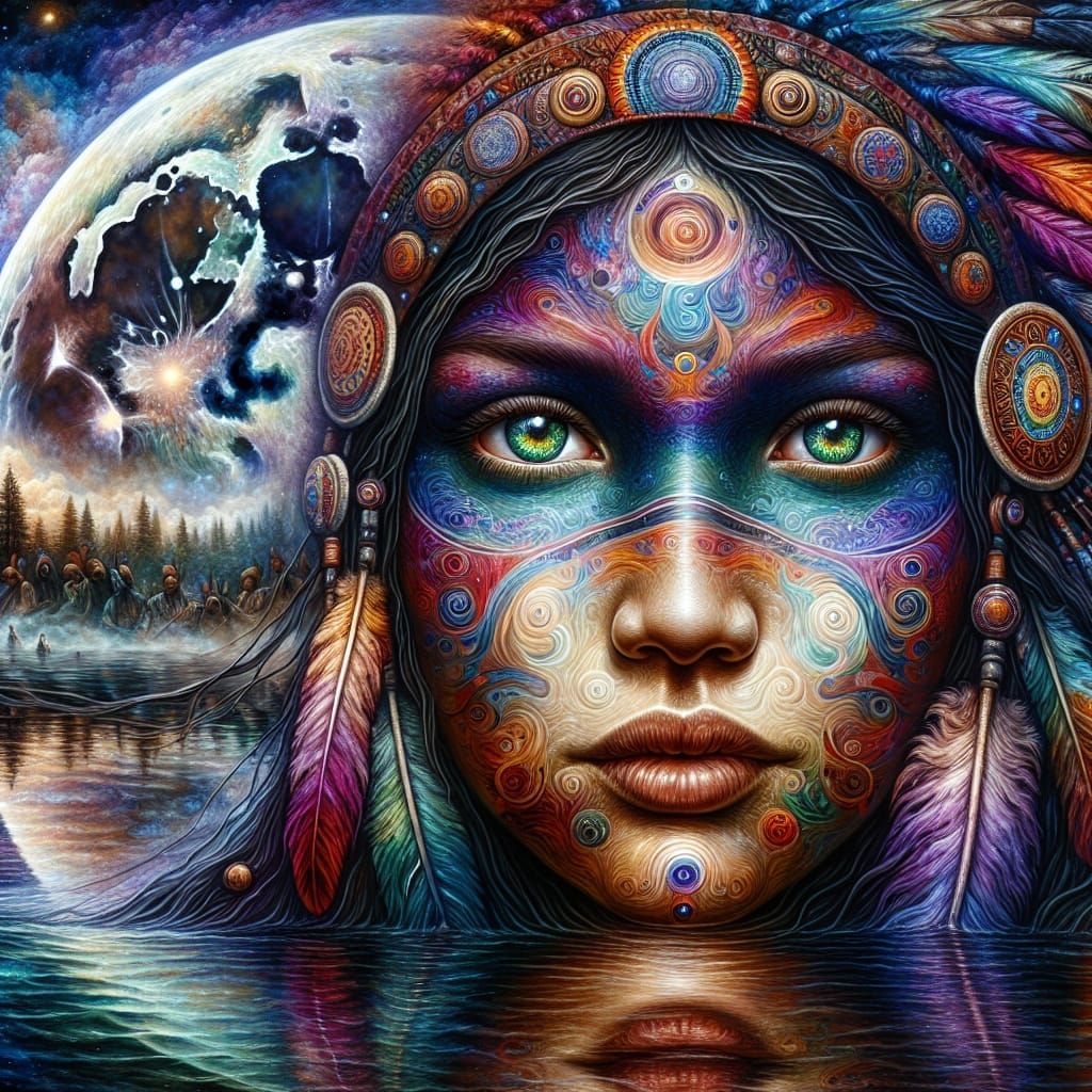 Romantic Era Portrait of a Sioux Girl Underwater in a Dark, ...