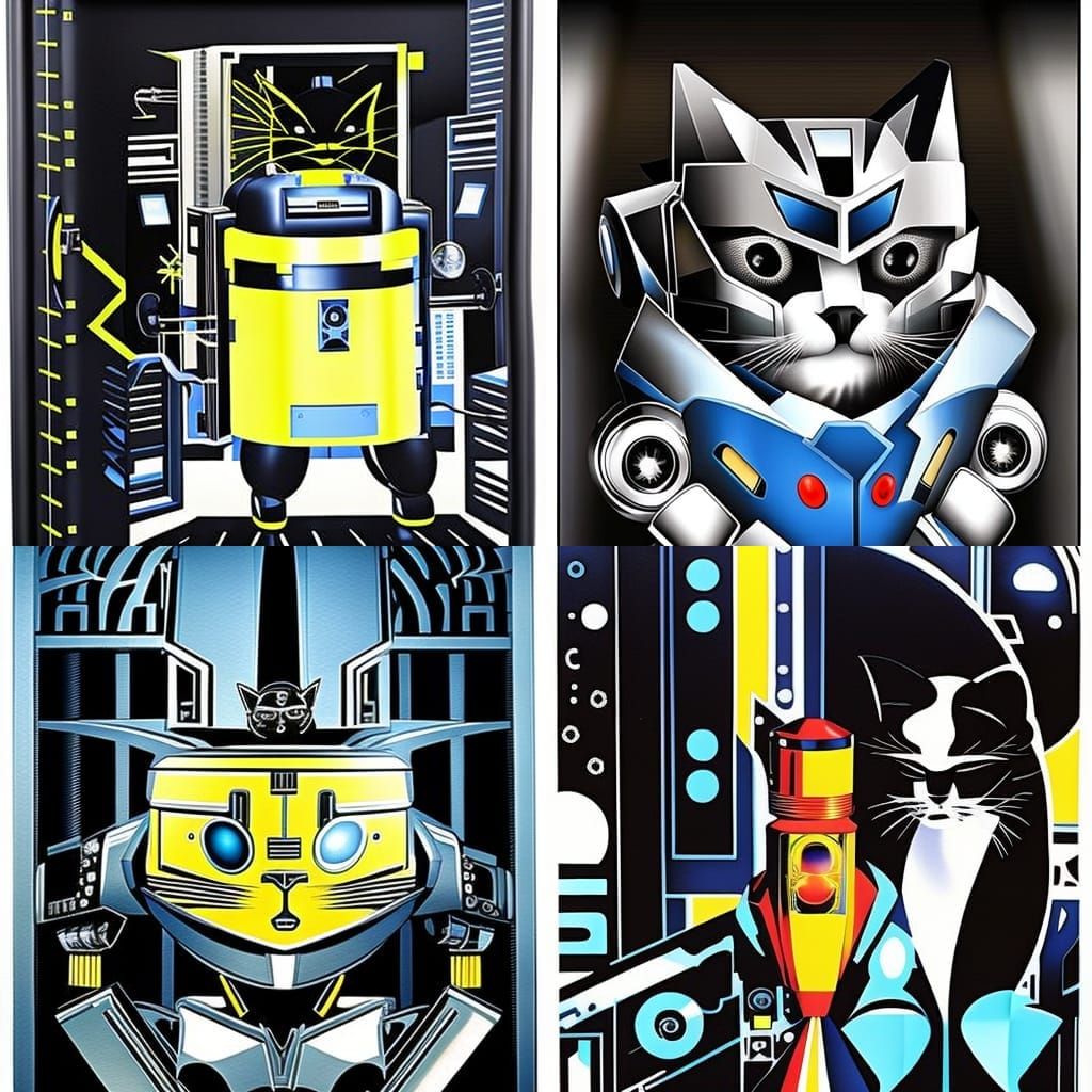 Robotic Cat in Atompunk Retro-Futuristic Style