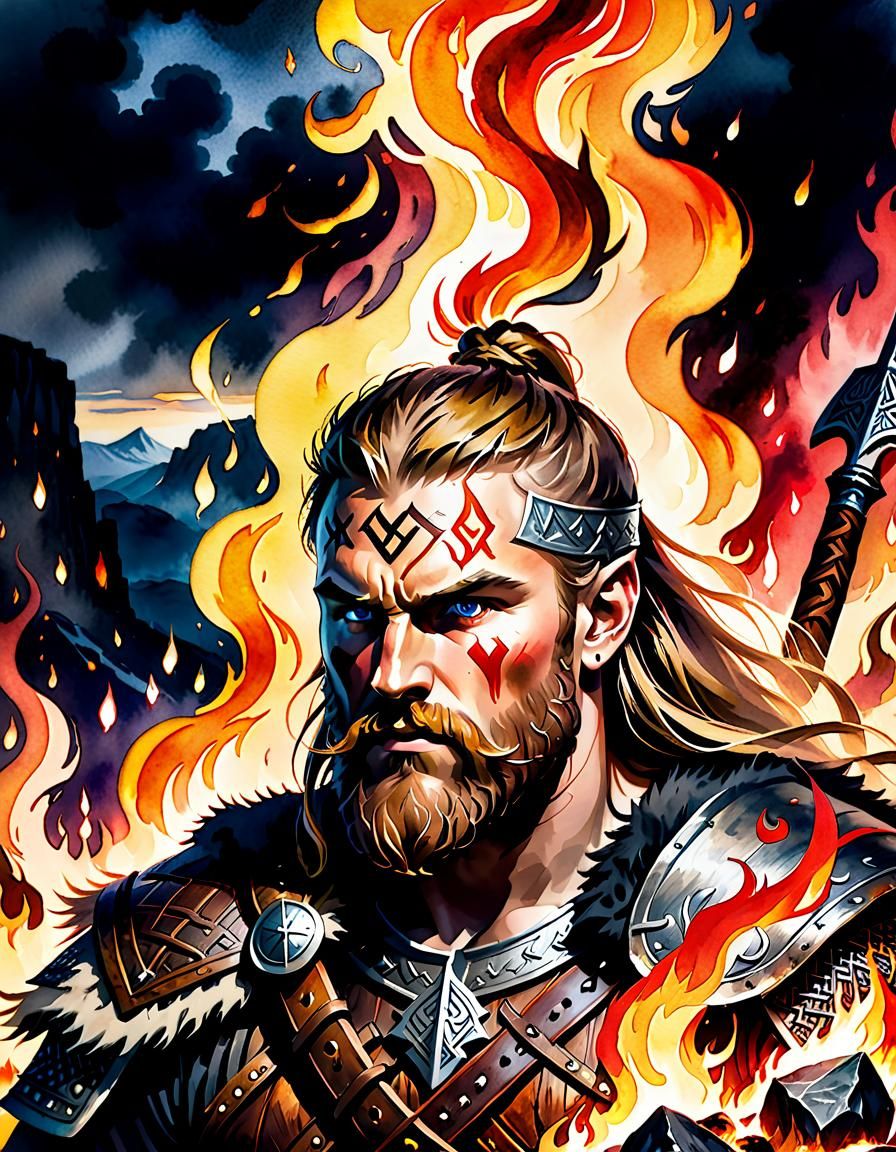 Viking Warrior in Watercolour with Glowing Runes