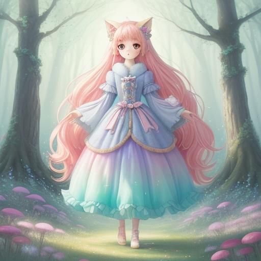 Labubu in Magical Forest, Chibi Anime Watercolor
