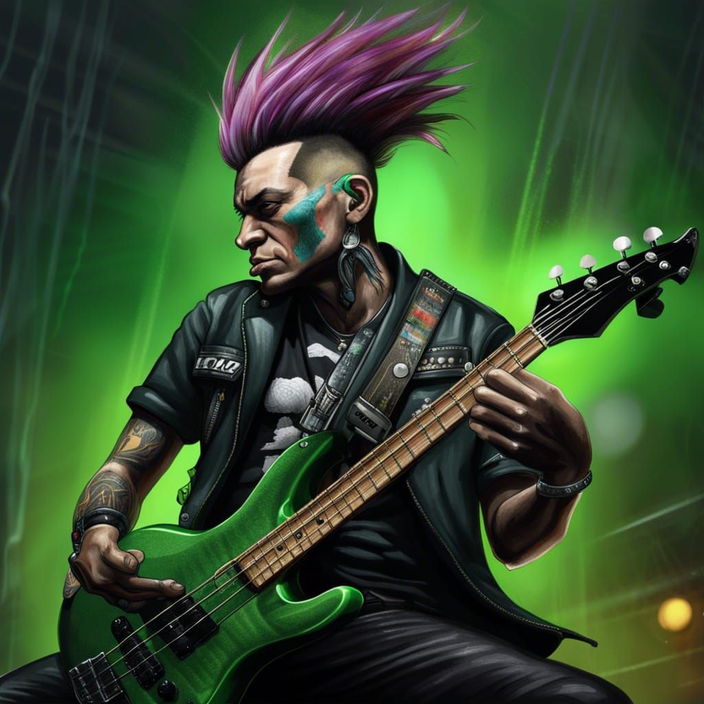 Punk Rocker with Green Mohawk Plays Bass Guitar