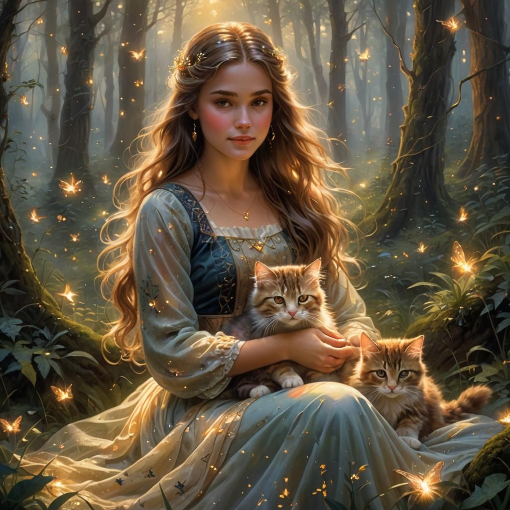 Girl with Kitten in Misty Forest Glade