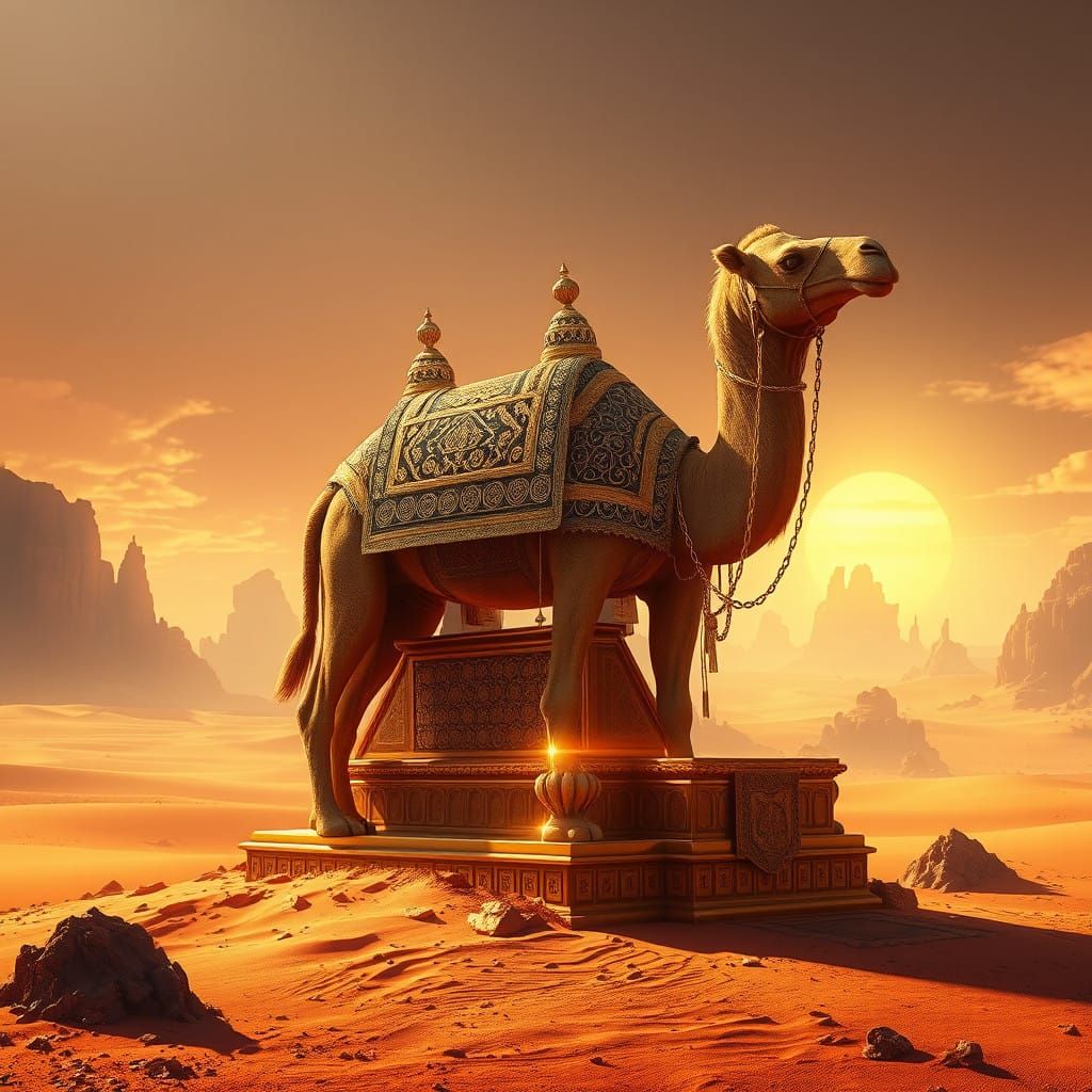Golden Camel Reigns Supreme on Desert Throne of Gold
