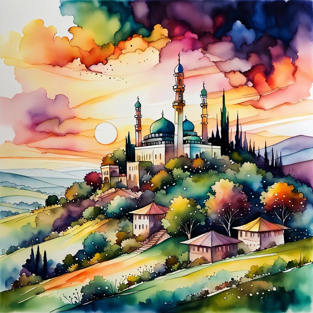 Hilltop Mosque in Watercolor Alcohol Ink