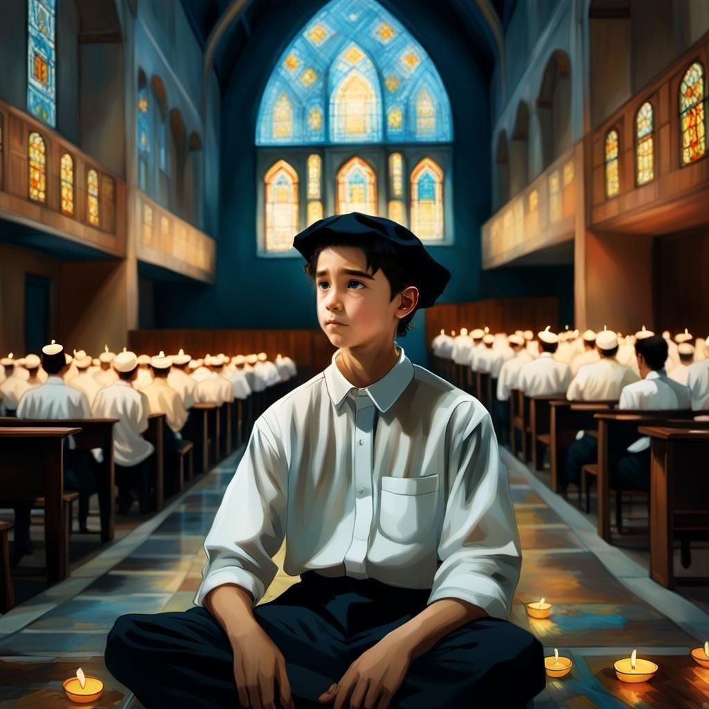 Ultra-Orthodox Boys Learning in Hall: Detailed Matte Paintin...