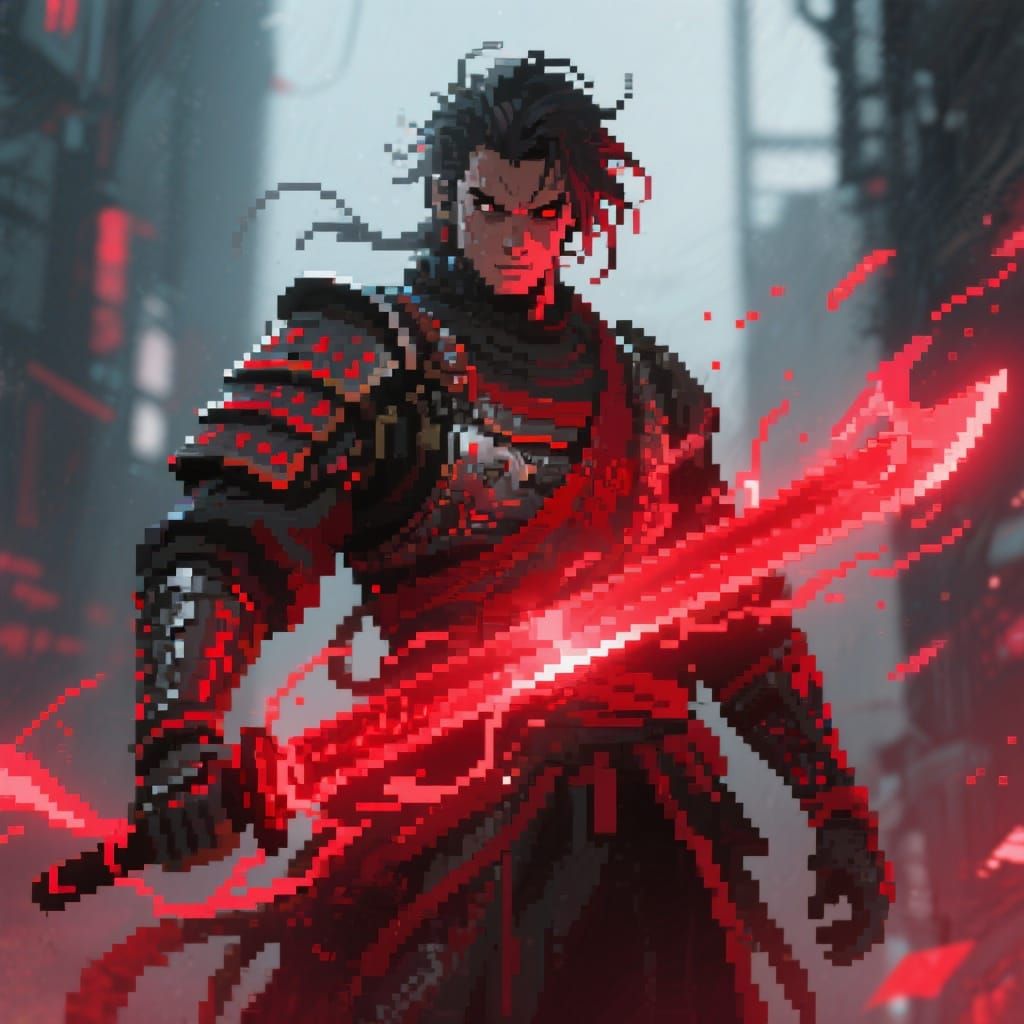 Cyberpunk Samurai Pixelated Digital Artwork