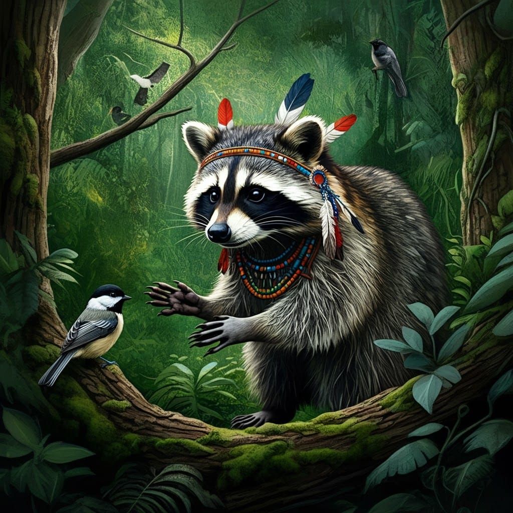An indigenous folklore story portraying a raccoon and its cunning antics to fool a black capped chickadee to chase away ...