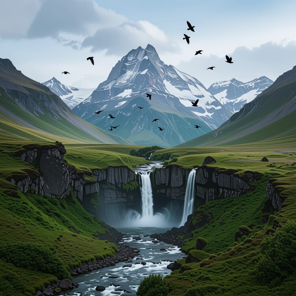 Majestic Mountain Valley with River and Waterfall