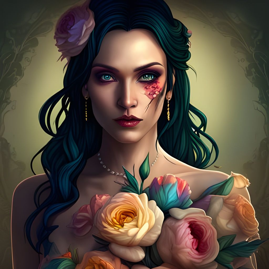 Gothic Bride Portrait with Rainbow Roses