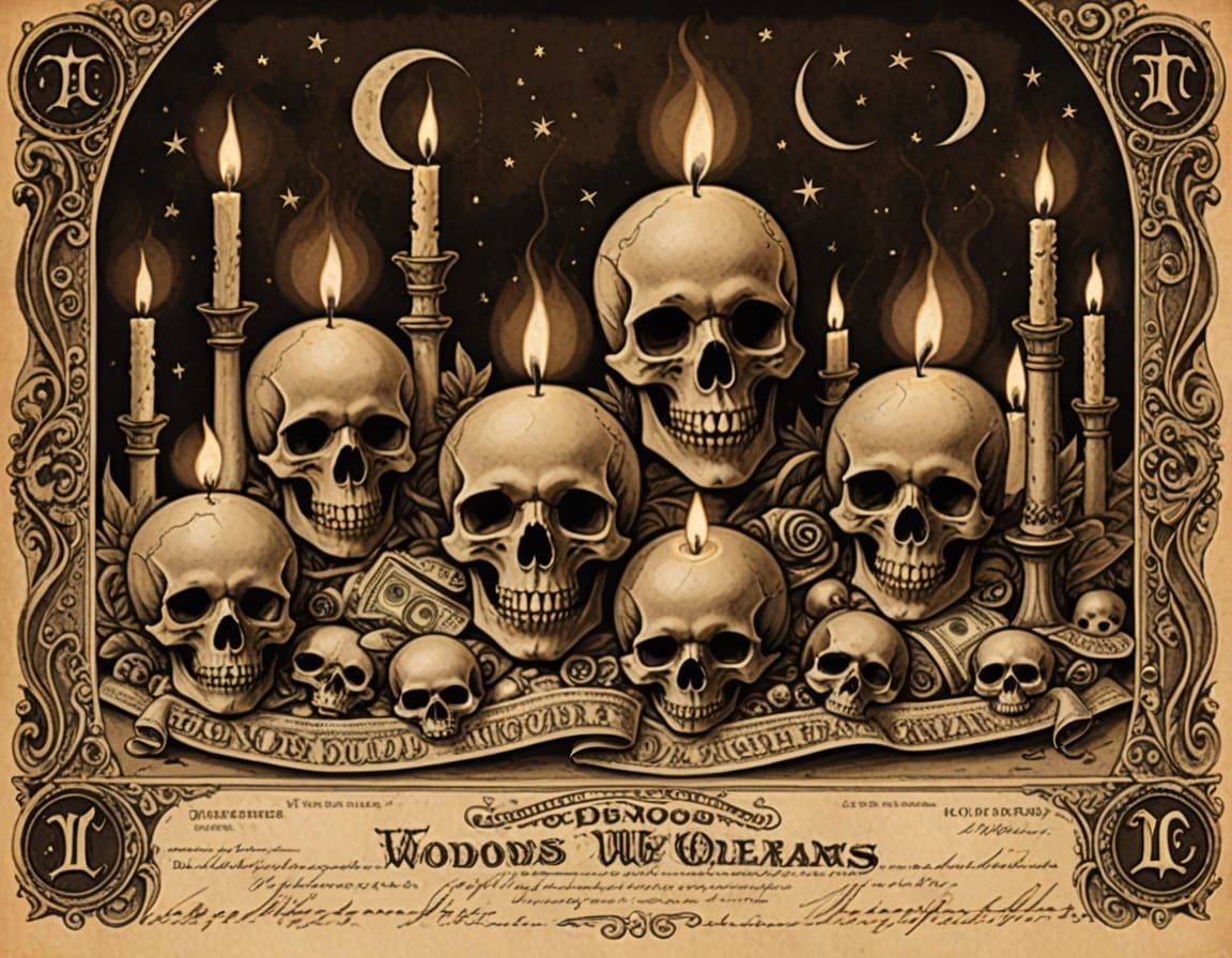 Voodoo Currency in Sepia Brown Ink on Parchment