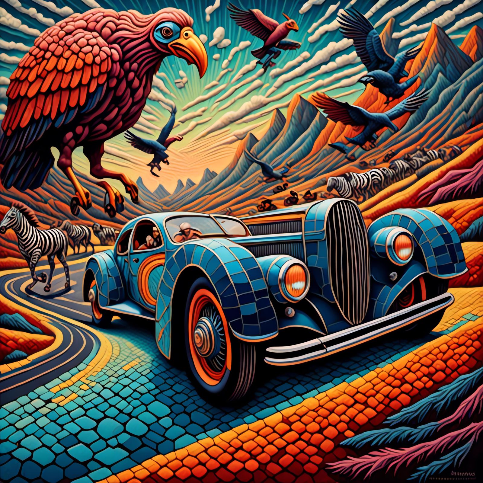 Psychedelic Bugatti Car Chase on Trippy Highway