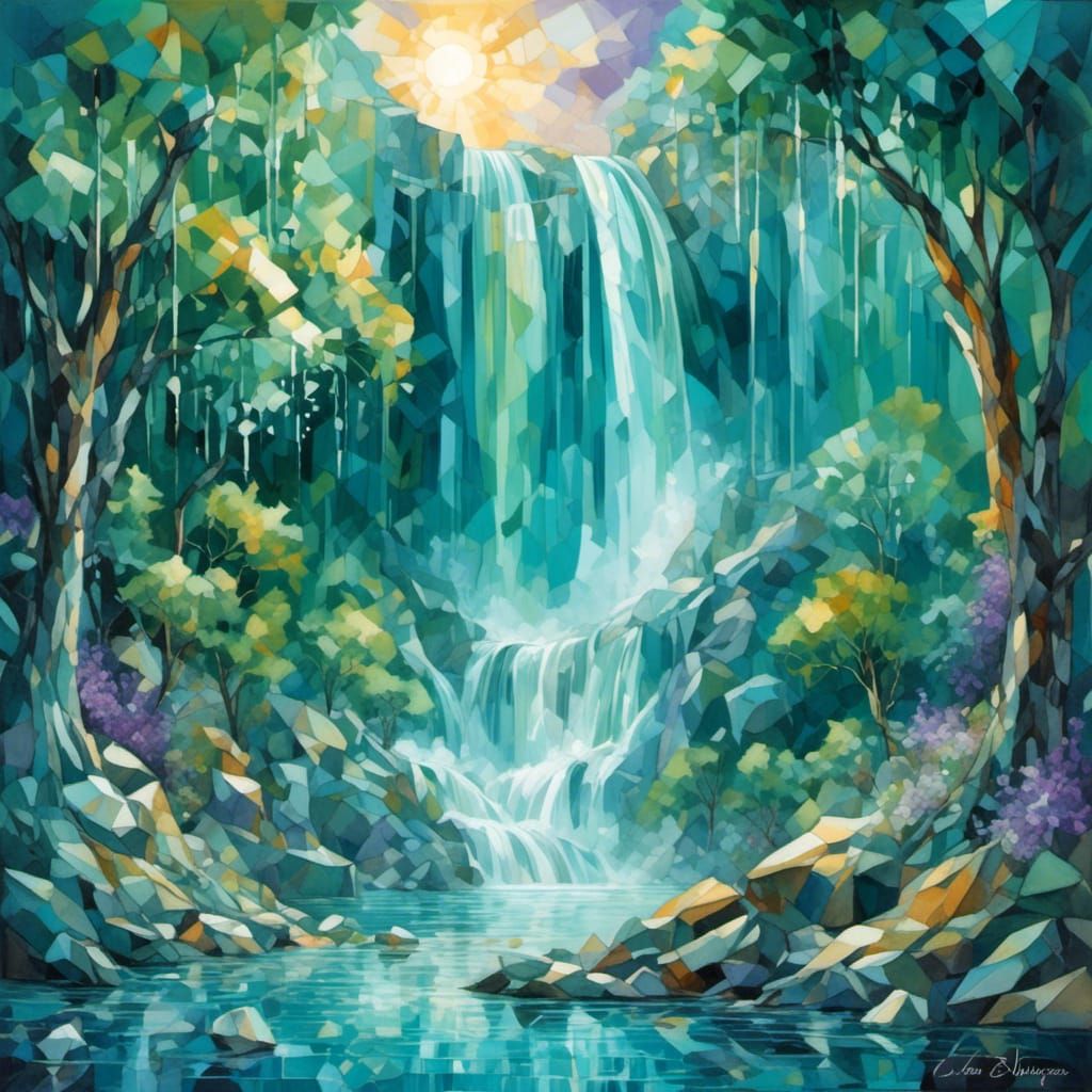 Waterfall View with Crystal Cubism Colors