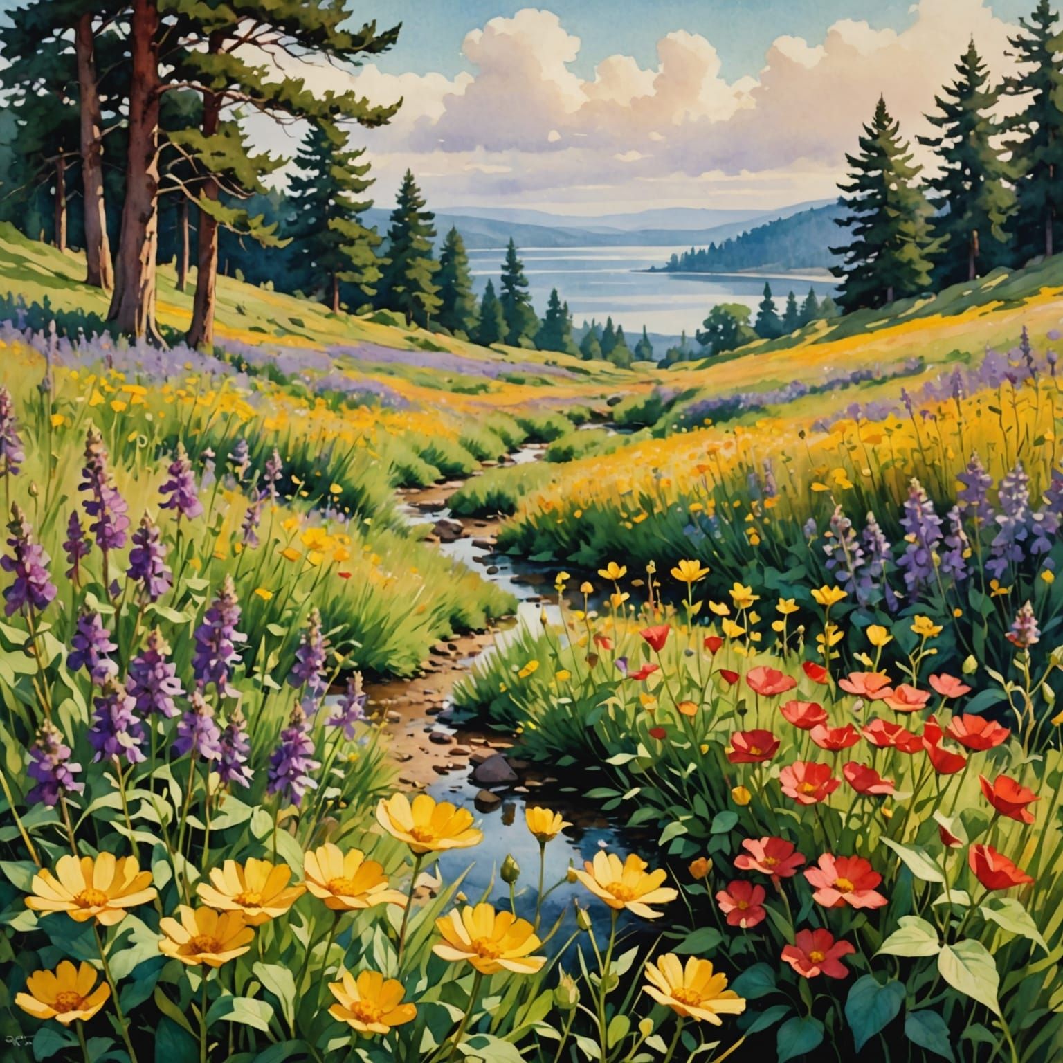 Wildflower Landscape in Watercolor Style