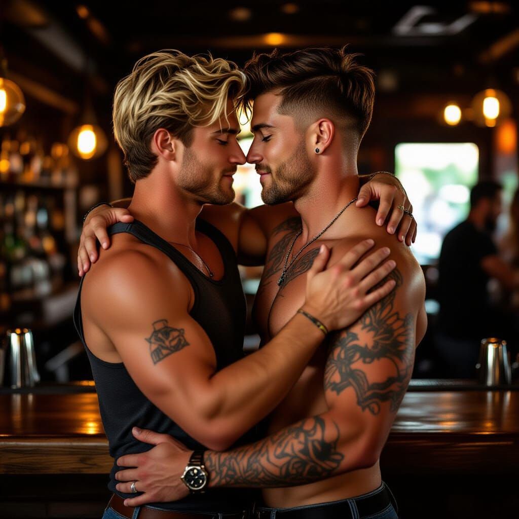 Tender Embrace: Two Men in a Bar, Poised for a Kiss