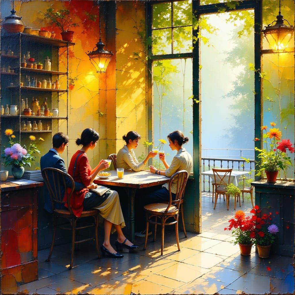 Cozy Cafe Impressionist Oil Painting with Dappled Sunlight