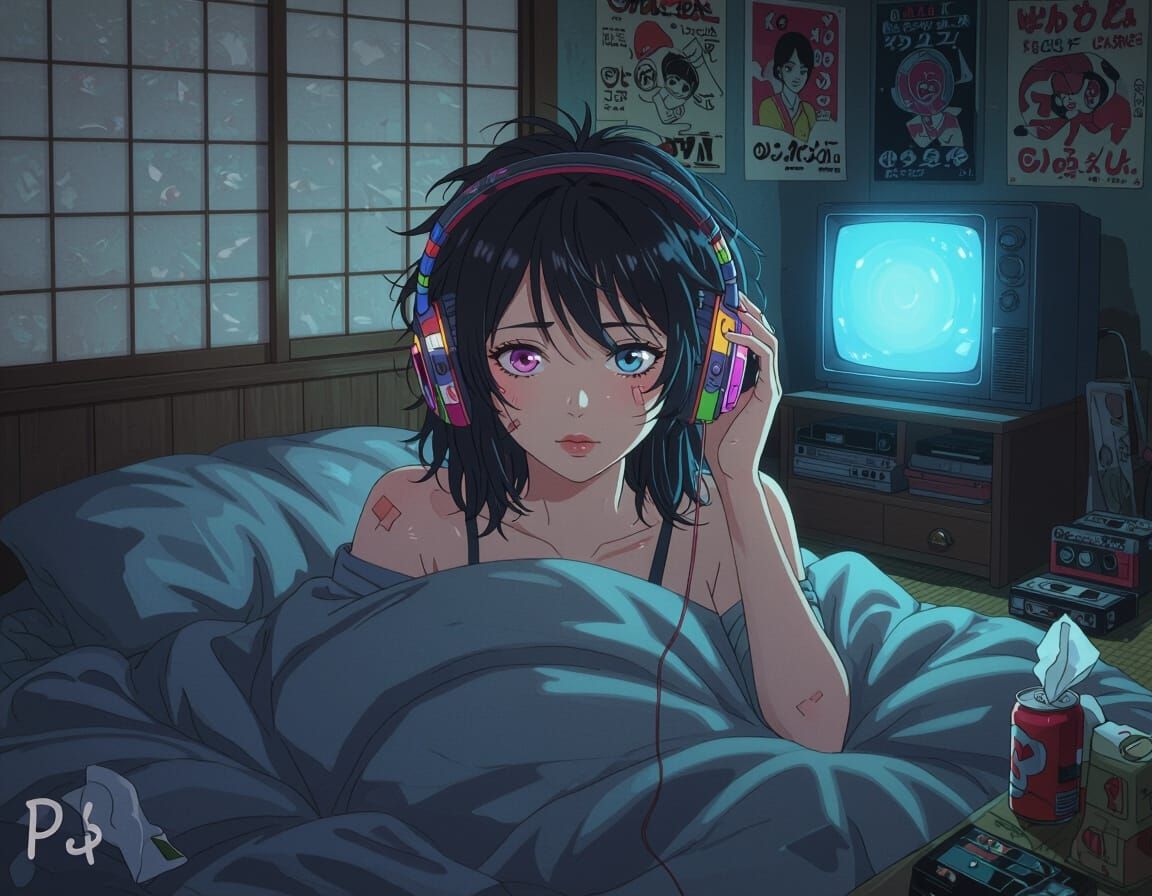 Anime Girl with Retro Headphones in Vintage Japanese Apartme...